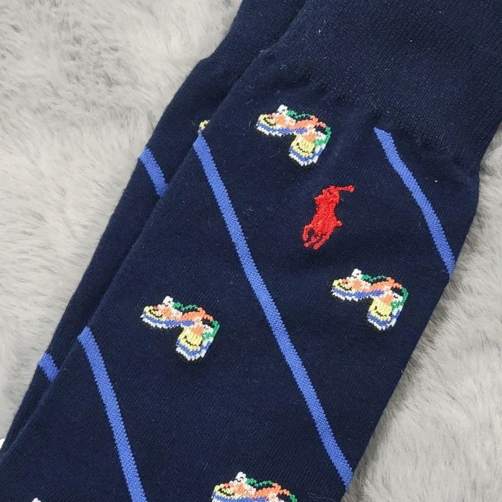 Polo Ralph Lauren Socks Mens 10-13 Blue Striped Pony Boat Shoes Cotton Mid Calf
